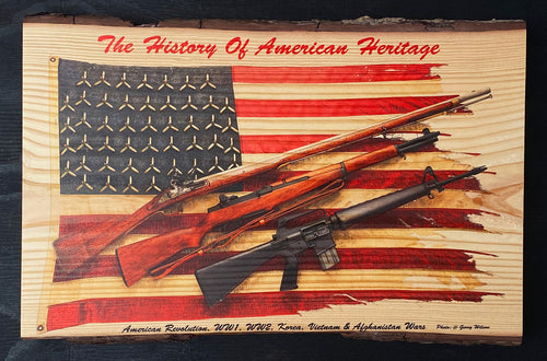 This photo image represent all Veterans from all of  are wars. Musket,M1  and M16 rifles.This photo is printed on live edge wood. add $10.for shipping.