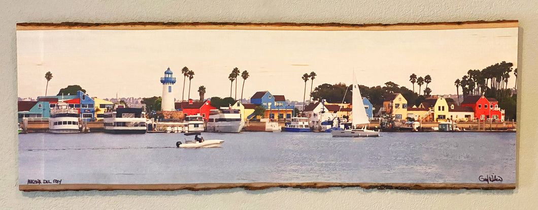 Marina del Rey printed on live edge wood