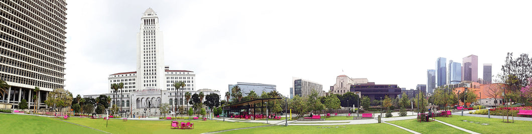 Panoramic L A City Hall Skyline printed on natural pine wood.