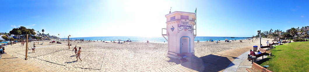 Panoramic Laguna Beach printed on natural pine wood.