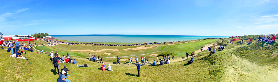 Panoramic Ryder Cup Whistling Straits 2021 printed on natural pine wood.